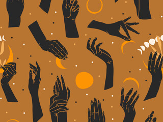 Hand drawn vector abstract flat stock graphic icon illustration sketch seamless pattern with human hands, mystic occult sun and moon phases ,simple collage shapes isolated on golden background