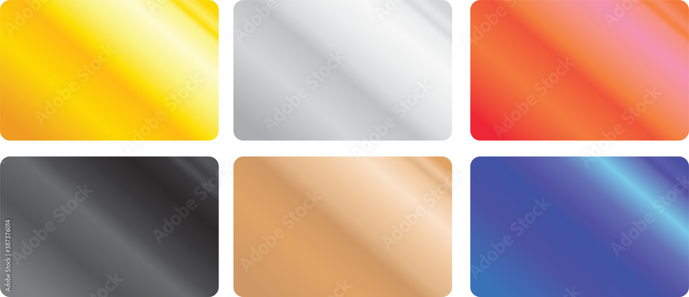 A vector set of credit card sized clean templates with shiny metal chrome gradient of different colors: silver, gold, bronze, black, red and blue. Can be used as a retail bonus or gift card template. - obrazy, fototapety, plakaty 