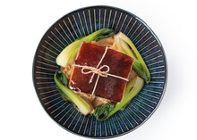 Isolated Dong Po Rou (Dongpo Pork Meat) In A Beautiful Plate With Green Vegetable.