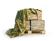 Wooden Boxes Cover Military Fabric Isolated. War Goods Concept. 3d Illustration