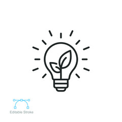 Sustainable ecological energy icon. Shining electric ecology light  bulb with leaf inside. Go green lamp tube silhouette. Editable stroke. Line vector illustration. Design on white background. EPS 10