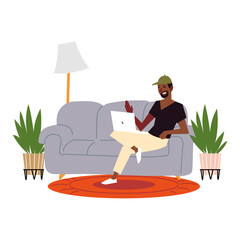 Sticker - afro american man with laptop on sofa living room, indoor activities