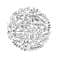 Sticker - Flower circle. Hand drawn flowers and branches arranged in a circle