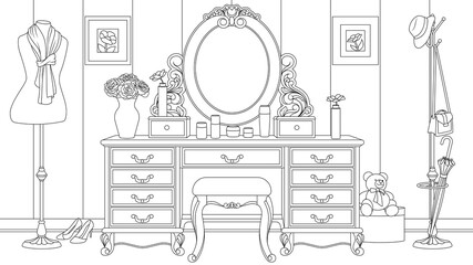 Wall Mural - Vector illustration, room with a lady's table with decorations, coloring book