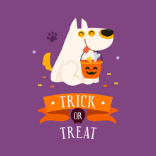 Happy Halloween, Trick Or Treat Greeting Card Vector Illustration. Cute Spooky Dog In Halloween Pet Costume On Purple Background