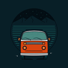 Illustration Of Van Car Adventure In Dark Color Style. Flat Design Adventure Van With Mountain Background. Illustration Design For Apparel Products, Mugs And Wall Posters
