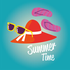 Poster - summer vacation travel, female hat flip flops and sunglasses