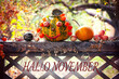 © наталья саксонова - Hallo November. Decorated pumpkin, on a natural background. The concept of autumn, harvest harvest, halloween.