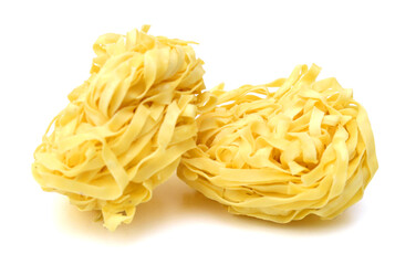 Egg noodles on a white background