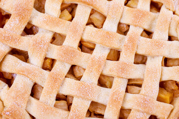 Wall Mural - Traditional American Thanks Giving lattice pie isolated on white background. Homemade fruit tart baked to golden crust. Close up, copy space, top view.