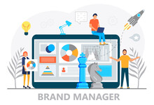 Brand Manager Concept Vector. Freelance Workers Are Busy With Email Marketing Analysis. Seo Specialist In IT Company. Chess Figers And Teamwork