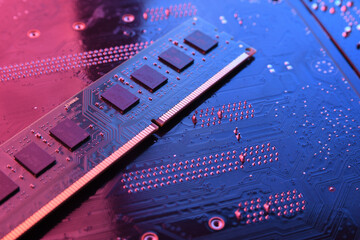 Computer memory RAM on circuit motherboard background . Close up. system, main memory, random access memory, onboard, computer detail. Computer components . DDR3. DDR4. DDR5