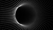 Futuristic black funnel. Particles space travel tunnel. Abstract wormhole with surface warp. Vector illustration.