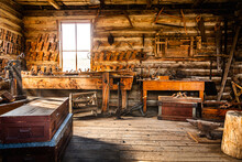Vintage Wild West Carpenter Shop Interior With Antique Tools