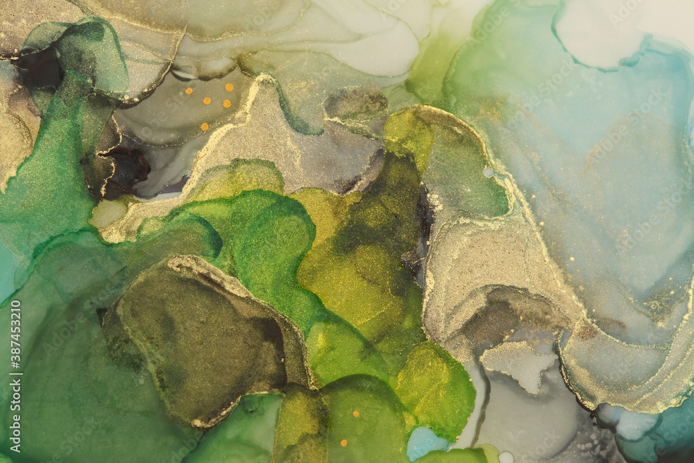 Art Abstract  watercolor flow blot painting. Color canvas marble texture background. Gold and green Alcohol ink. - obrazy, fototapety, plakaty 
