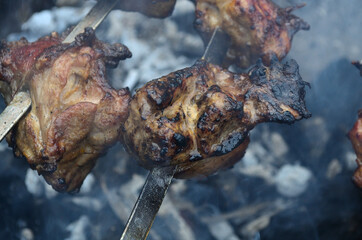 Chicken skewers on coals in the grill .