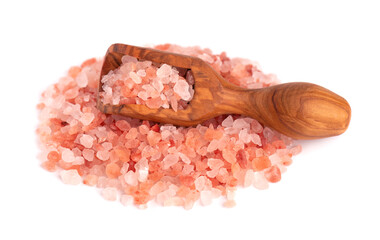 Himalayan pink salt in wooden scoop, isolated on white background. Himalayan pink salt in crystals.