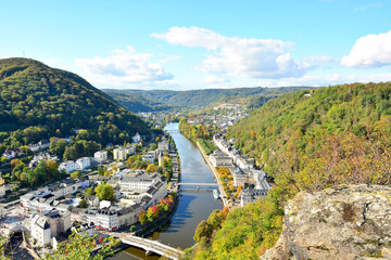 Aerial view of the city of Bad Ems. View of the Lan River and the city. Autumn colors.