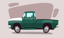 Old Green Pickup Truck In Cartoon Style. Tires Are Oval Wheels. It Can Be Used In Animations And Cartoons.