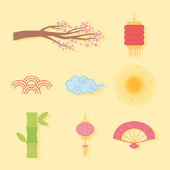 Poster - set icons sakura tree flower cloud fan lantern oriental element decoration color design