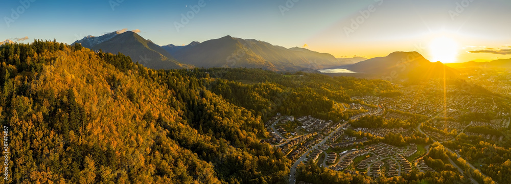 Ultra wide angle aerial panorama photo of the Chilliwack city that seats in the Fraser Valley in British Columbia, Canada - obrazy, fototapety, plakaty 