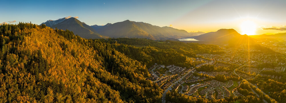 ultra wide angle aerial panorama photo of the chilliwack city that seats in the fraser valley in bri