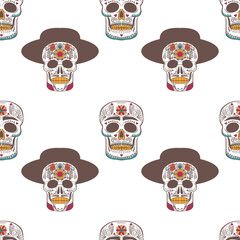 Wall Mural - Skull mask. Halloween holiday seamless pattern design. Vector illustration.