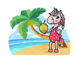 Horizontal vector illustration on the theme of travel. A cute cartoon unicorn character stands in a swimsuit on the beach and holds a coconut in his hand.