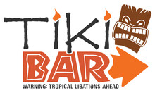 Tiki Bar Sign Advertising Tropical Cocktails | Graphic T-Shirt Design | Tiki Carving Illustration | Directional Layout With Right Arrow | Luau Art