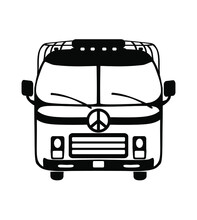 Black Vintage Hippie Camper Van, Isolated On White Background. Vector Retro Silhouette Outline Sign Drawing Illustration. V W Bully Bus. Peace Icon Symbol. Plotter Cutting Stencil Template.Car Sticker