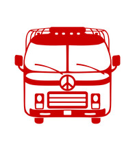 Red Vintage Hippie Camper Van, Isolated On White Background. Vector Retro Silhouette Outline Sign Drawing Illustration. V W Bully Bus. Peace Icon Symbol. Plotter Cutting Stencil Template.
