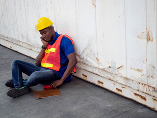 employment male africa engineer hat yellow and red uniform safety face down because economic busines