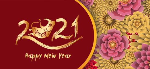 Chinese new year 2021 year of the ox , red paper cut ox character,flower and asian elements with craft style on background