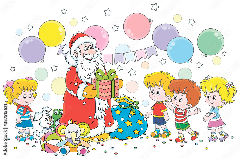 Santa Claus giving his magical Christmas presents to happy and merry ...
