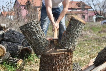 Lumberjack chopping wood for winter, Young man chopping woods with an axe