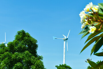 Windmill on the green meadow, sky, flowers