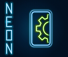 Glowing neon line Software, web development, programming concept icon isolated on black background. Programming language and program code on screen mobile. Colorful outline concept. Vector.