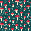 Amanita mushroom seamless pattern design - cute red mushrooms with white dots on green background
