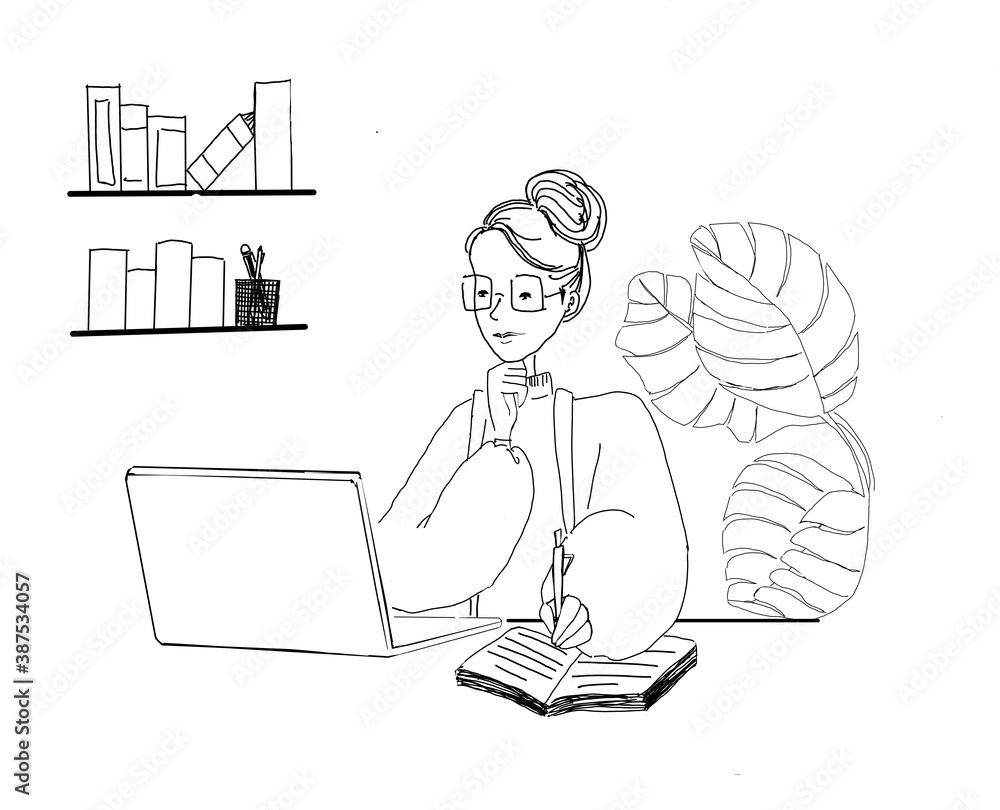 Cute illustration doodle style. Sketch freehand drawn .A girl sitting at  home studying online. Work from home. Silhouette background. Stock  Illustration | Adobe Stock, image size:1000x810