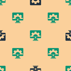 Green and black Software, web development, programming concept icon isolated seamless pattern on beige background. Programming language and program code on screen monitor. Vector.
