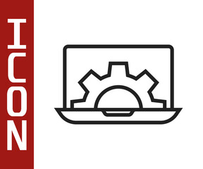 Black line Software, web development, programming concept icon isolated on white background. Programming language and program code on screen laptop. Vector.