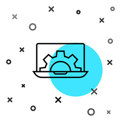 Black line Software, web development, programming concept icon isolated on white background. Programming language and program code on screen laptop. Random dynamic shapes. Vector.