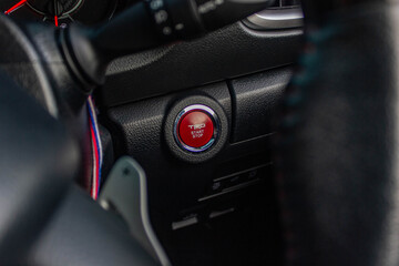 Close up engine car start button. Start stop engine modern new car button,Makes it easy to turn your auto mobile on and off. a key fob unique ,selective focus