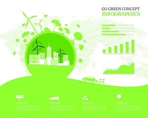 Global warming green earth world environmental day concept wind energy tree and clouds eco friendly  sustainable eco-system  green city illustration