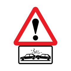 Wall Mural - Car accident area road sign. Vector illustration of red triangle warning road sign with exclamation mark inside. Vehicles collision traffic sign. Risk of accident. Dangerous zone. Caution for drivers.