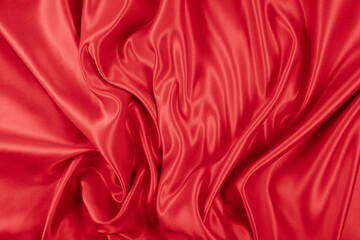 Wall Mural - Beautiful elegant wavy hot red satin silk luxury cloth fabric texture, abstract background design. Wallpaper, banner or card