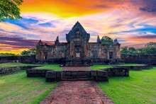 Muang Tam Sanctuary Stone Castle On Sunset Background Famous Landmark Of Buriram Province In Thailand, Castle Sunset.