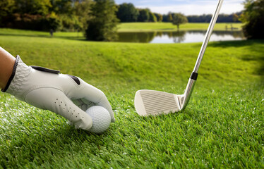 Wall Mural - Golfball and stick on green grass golf course, blue cloudy sky background