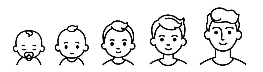 Portrait of a child at different ages. The stages of growing up from infant to senior student. Black line icons.