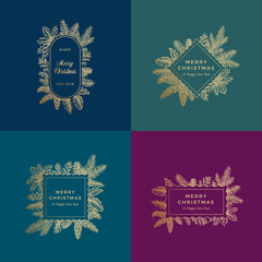 Canvas Print - Merry Christmas Abstract Botanical Cards or Frame Banners Collection. Premium Colors Background and Hand Drawn Pine Twigs, Holly, Mistletoe Golden Greeting Sketch Layouts Set. Holiday Emblems Bundle